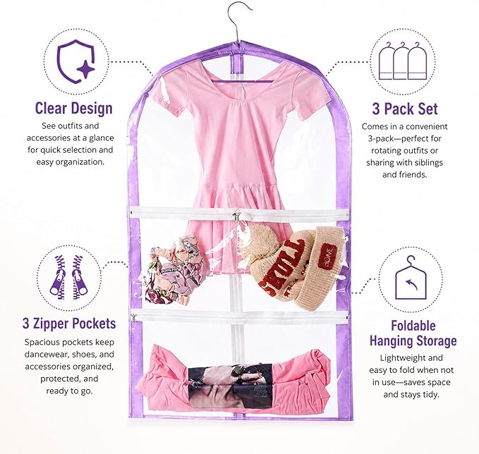 Clear Kids Garment Bags,3 Packs Garment Bag For Dance Costumes With Pockets,Foldable Garment Bags For Hanging Clothes Travel Storage,Dance Garment Bags For Dancers.35" Garment Dance Competition Bag
