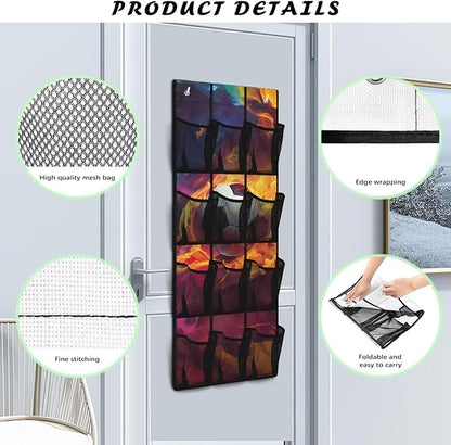 Flaming Soccer Ball Over The Door Organizer, 12 Mesh Pockets Sports Theme Hanging Shoe Rack for Soccer Gear, Perfect for Garage & Kids Bedroom Storage