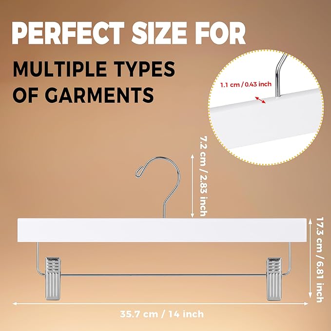 Quality Hangers Wooden Pants Hangers - 20-Pack Swivel Hook Cloth Hanger Set - Lotus Wood Skirt, Pant, Shorts and Slack Hangers with Adjustable Clip – White Clothing Hanger (White, 20)