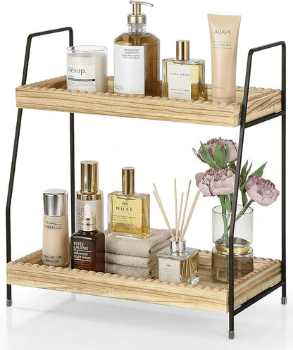 2 Tier Bathroom Countertop Organizer, Unique Slotted Edge Bathroom Organizers and Storage, Wood Counter Shelf for Storage, Countertop Organizer for Bathroom, Coffee, Kitchen