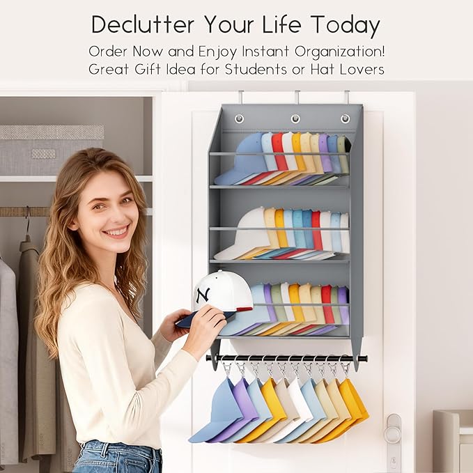 Homsorout Over the Door Hat Rack - 3-Layer Design Hat Organizer Holds 30-36 Hats with 10 Hooks, Ideal Hat Rack for Door, Over the Door Organizer for Closet, Apartment, Bedroom, Dorm, 2 Pack, Grey