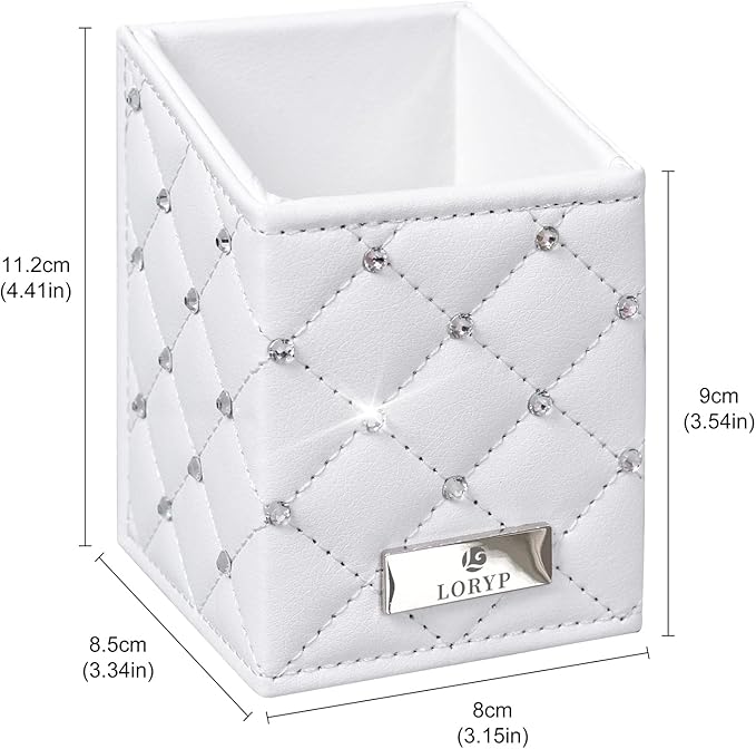 LORYP Makeup Brush Holder Crystal Brushes Cup White PU Make up Brush Case Bag Storage for Women (White-Large)