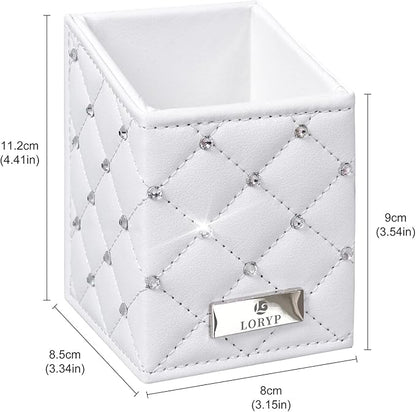 LORYP Makeup Brush Holder Crystal Brushes Cup White PU Make up Brush Case Bag Storage for Women (White-Large)