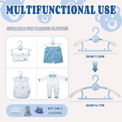 HGYZE Kids Hangers 11"-14" Adjustable Plastic Baby Boy Hangers 20 Pack, Toddler Bear Hanger for Children's Clothes Sweaters, Infant Hangar for Closet with Non-Slip Shoulder Grooves & Pants Bar, Blue