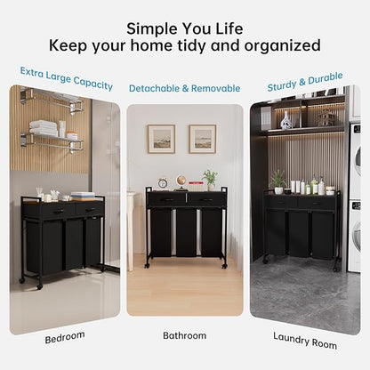 Laundry Sorter with 3 Section Pull Out Bags Rolling Laundry Basket Organizer with 2 Drawers Laundry Hamper with Shelves and Wheels for Laundry Room, Bathroom, Bedroom Organization (1 Tier)