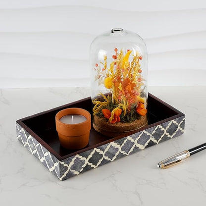 Handicrafts Home 10"x6" Vanity Tray for Bathroom Countertop, Moroccan Bone Inlay Decorative Organizer Tray for Perfume, Jewelry, Cosmetics & Dresser Decor, Rectangular Catchall Tray, Grey White