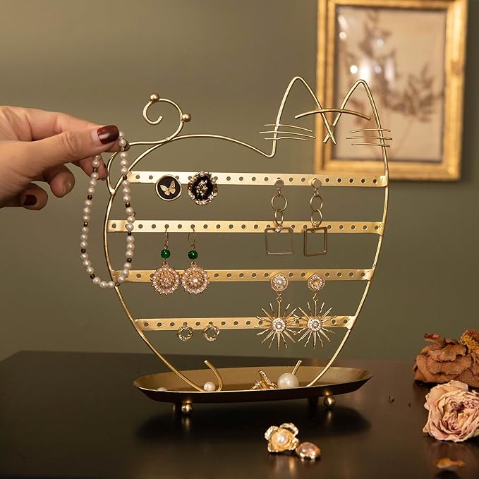 NIKKY HOME Cat Earring Holder Hanging Organizer Stand Metal Jewelry Tree Table Top Ear Stud Holder Tower Rack with Ring Tray and Hook for Girls (80 Holes), Gold