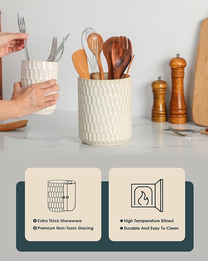 Utensil Holder, 7.5"+5.3" Ceramic Kitchen Utensil Holder for Countertop, Large Cooking Utensil Crock for Kitchen Counter, Set of 2, Beige