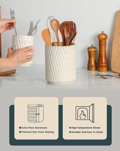 Utensil Holder, 7.5"+5.3" Ceramic Kitchen Utensil Holder for Countertop, Large Cooking Utensil Crock for Kitchen Counter, Set of 2, Beige