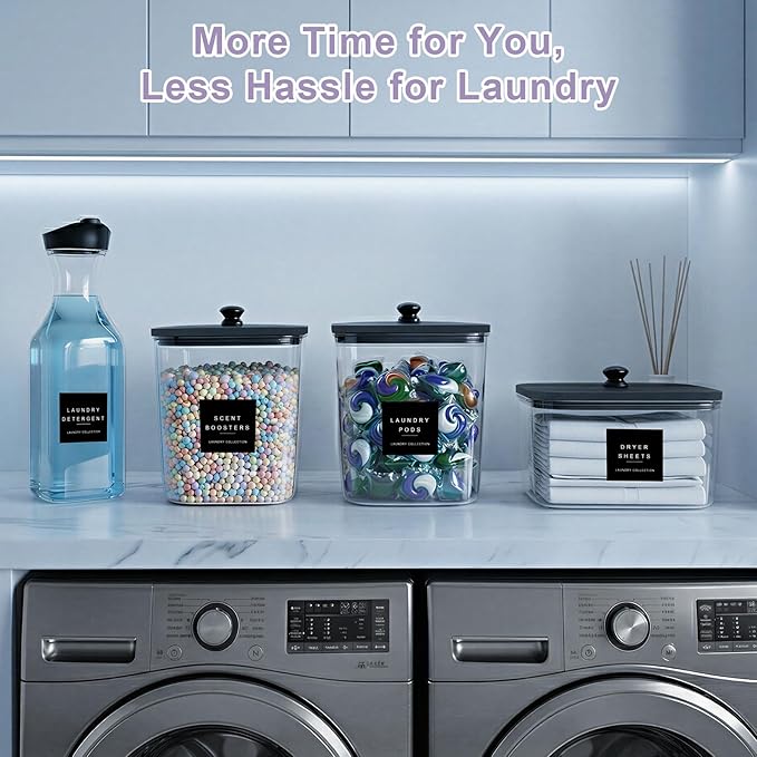 POLRAI Laundry Pod Containers and Dryer Sheet Holder and Laundry Detergent Dispenser Clear Laundry Room Organization and Storage with Wooden Lids Labels and spoon （2+1+1 Pack）