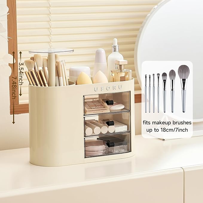 UFORU Makeup Organizer with Pop-Up Brush Holder for Dresser Vanity, Plastic Bathroom Counter Organizer with 3 Drawers & Dust-Proof Cover, Cosmetic Display Case for Lipstick, Skincare, Cream White