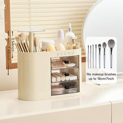 UFORU Makeup Organizer with Pop-Up Brush Holder for Dresser Vanity, Plastic Bathroom Counter Organizer with 3 Drawers & Dust-Proof Cover, Cosmetic Display Case for Lipstick, Skincare, Cream White