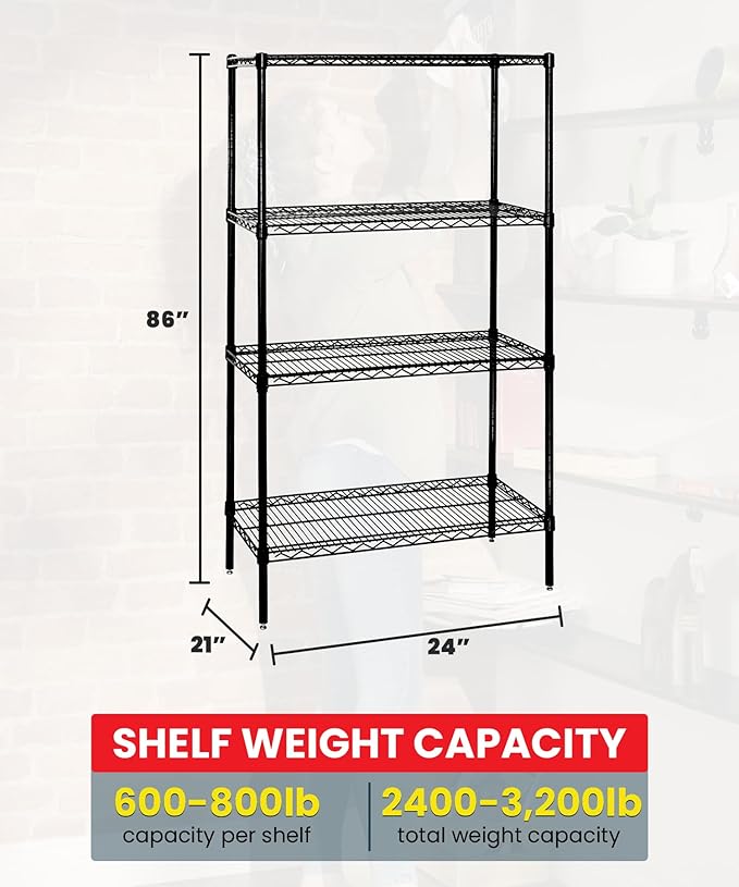 Quantum Storage Systems WR86-2124BK-5 Wire Shelving Starter Kit, 24" W x 21" D x 86" H, 600 lbs Capacity, Carbon Steel, Epoxy Coated, Black, NSF
