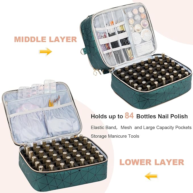 Uross Nail Polish Organizer Bag Holds 84 Bottles Nail Polish & Nail Lamp,Large Gel Nail Polish Organizers and Storage box for Nail Tech, Nail Kit Supplies Organizer Case-Darkgreen