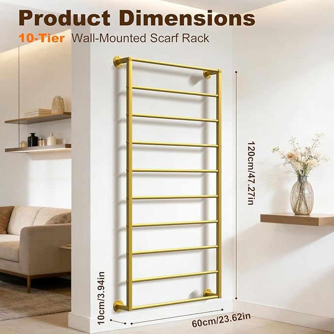 Wall Mounted Scarf Rack, Gold Silk Scarves Hijab Hanger Organizer Metal Racks Wrapping Tissue Paper Ribbon Holder Towels Storage Display for Flower Shop Retail Store (Gold, 10T-23.6×47.2IN)
