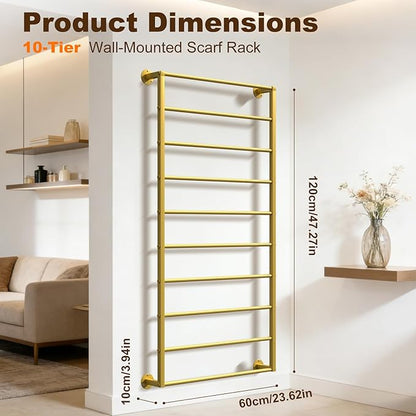Wall Mounted Scarf Rack, Gold Silk Scarves Hijab Hanger Organizer Metal Racks Wrapping Tissue Paper Ribbon Holder Towels Storage Display for Flower Shop Retail Store (Gold, 10T-23.6×47.2IN)