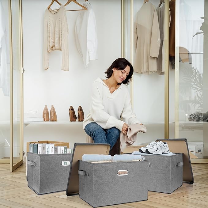 SNWDN 2 Pack Large collapsible Fabric Storage Bins with Lids Fabric storage box with lids for Household and office use (grey 17.3x11.4x11.8 inches)