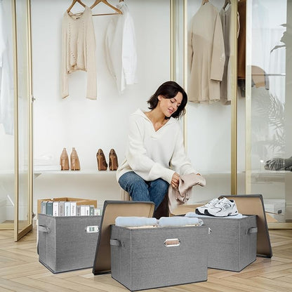 SNWDN 4 Pack Large collapsible Fabric Storage Bins with Lids Fabric storage box with lids for closet organizers and storage (grey 17.3x11.4x11.8 inches)