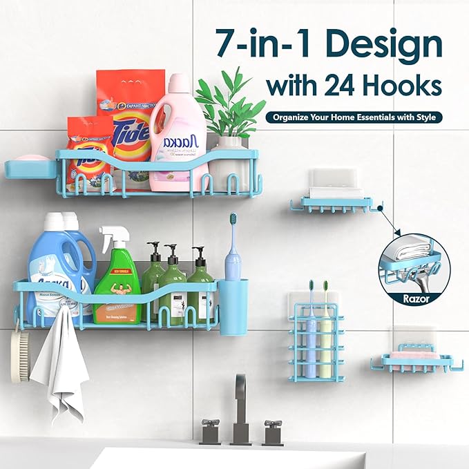 NESOMI Shower Caddy Adhesive Shower Organizer 7-Pack, Rustproof Stainless Steel Bathroom Shelves, Large Capacity No-Drill Rack Storage Accessories with Soap Dish Toothbrush Holder Hooks