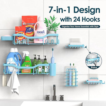 NESOMI Shower Caddy Adhesive Shower Organizer 7-Pack, Rustproof Stainless Steel Bathroom Shelves, Large Capacity No-Drill Rack Storage Accessories with Soap Dish Toothbrush Holder Hooks