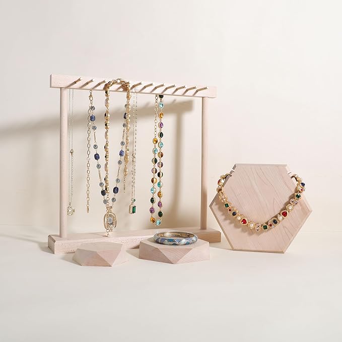 Medium necklace hanger shelf with 12 copper bars, Wooden jewelry storage organizer rack for hanger necklace bracelet, necklace display stand for boutique store【Maple】
