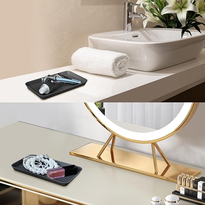 Countertop Vanity Tray, Bathroom Silicone Shatterproof Tray, Soap and Sponge Holder for Kitchen Sink Toilet Tank, Bathroom Holders for Counter, Perfume Candle Key Valet - Black - Black