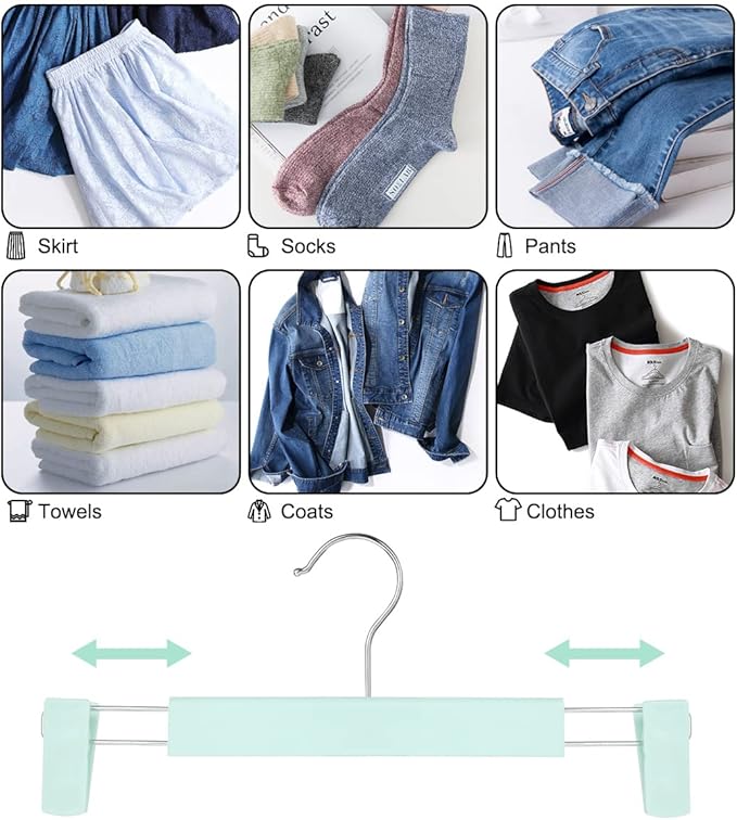 GUANJUNE Clothes Pants Hangers, Space-Saving Skirt Holders with 360 ° Swivel Hooks, Adjustable Clips, Trouser Hangers, Clothes Coat Garment Jeans Hangers (20 Pack, Green)