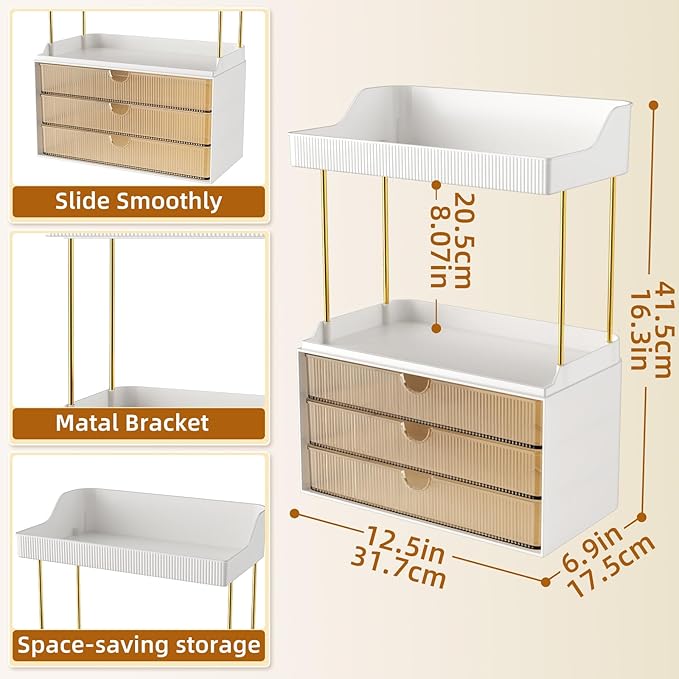 StorBin 2 Sets 6 Drawers Makeup Organizer – 5 Tier Bathroom Organizers and Storage, Versatile Perfume Vanity Organizer, Ideal for Cosmetic, Large Skincare, Face Mask, Office Supplies, Amber