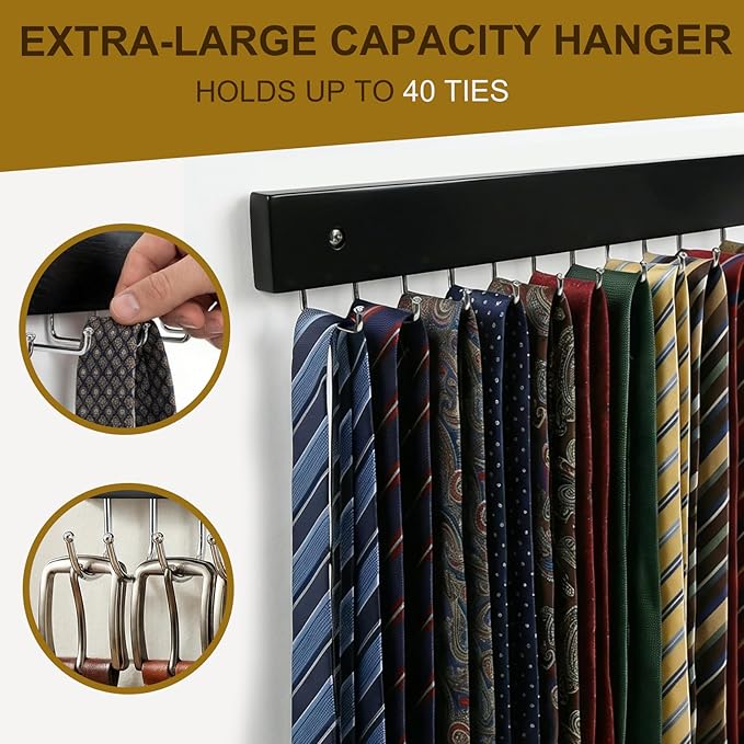 Wall Mounted Tie & Belt Rack Organizer - 2 Pack, 28 Hooks Hold 40 Ties & 40 Belts, 180° Rotating Space Saving Design, Sturdy Wood Decorative Wall Storage (Black)