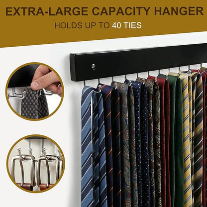 Wall Mounted Tie & Belt Rack Organizer - 2 Pack, 28 Hooks Hold 40 Ties & 40 Belts, 180° Rotating Space Saving Design, Sturdy Wood Decorative Wall Storage (Black)