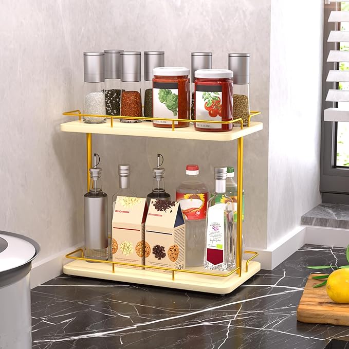 REFGY 2 Tier Bathroom Countertop Organizer, Solid Wood Desktop Storage Shelf with Gold Metal Frame, Versatile Spice Rack & Makeup Organizer for Kitchen, Dresser, Home Essentials