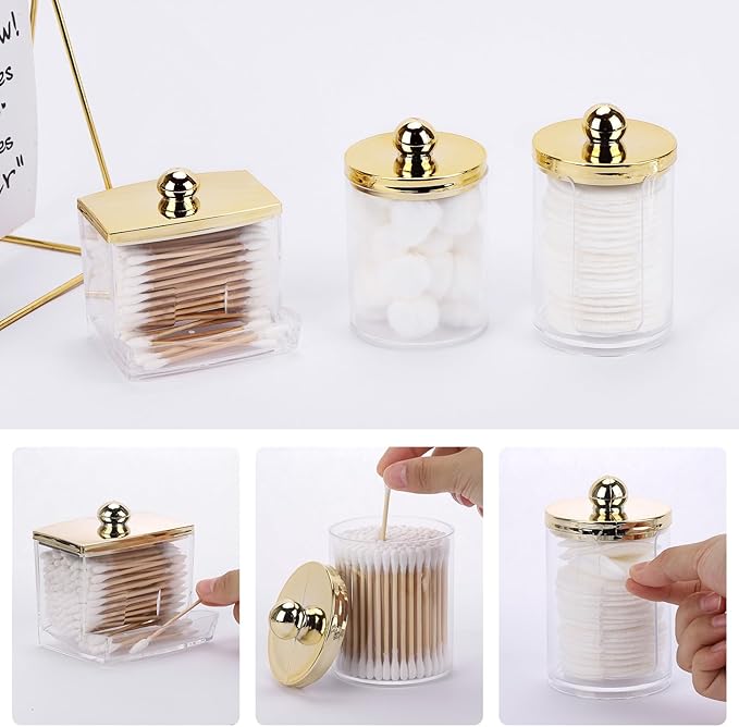 Tbestmax 3 Pack Qtips Dispenser - Bathroom Organizers and Storage Containers, Plastic Apothecary Jars with Gold Lids for Cotton Ball Swab Round Pads, Floss - Gold