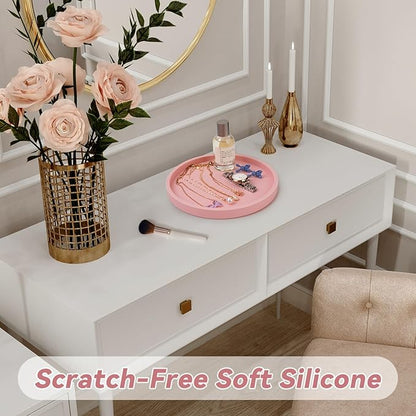 NiHome Thickened Silicone Vanity Organizer Tray for Bathroom Accessories, Kitchen Countertop, Living Room Decor, Multipurpose Shatter-Resistant Round Tray Decor for Candle, Perfume, Soap, Plant (Pink)
