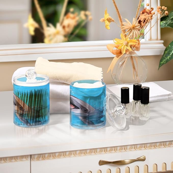 Milk Cow Qtip Holder with Lid 2PCS Apothecary Jars Storage Containers, Clear Plastic Canister for Cotton Swab,Floss Picks, Cosmetics (Cute Dolphin, one sizex2)