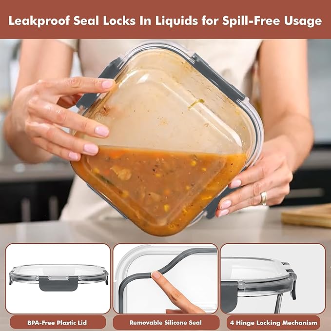 Razab 2 PC 1200ML / 41 Oz Glass Food Storage Containers with Lids - Airtight & Leakproof - Microwave/Oven/Freezer Safe - BPA Free - Ideal for Meal Prep, Storing Leftover & Lunch