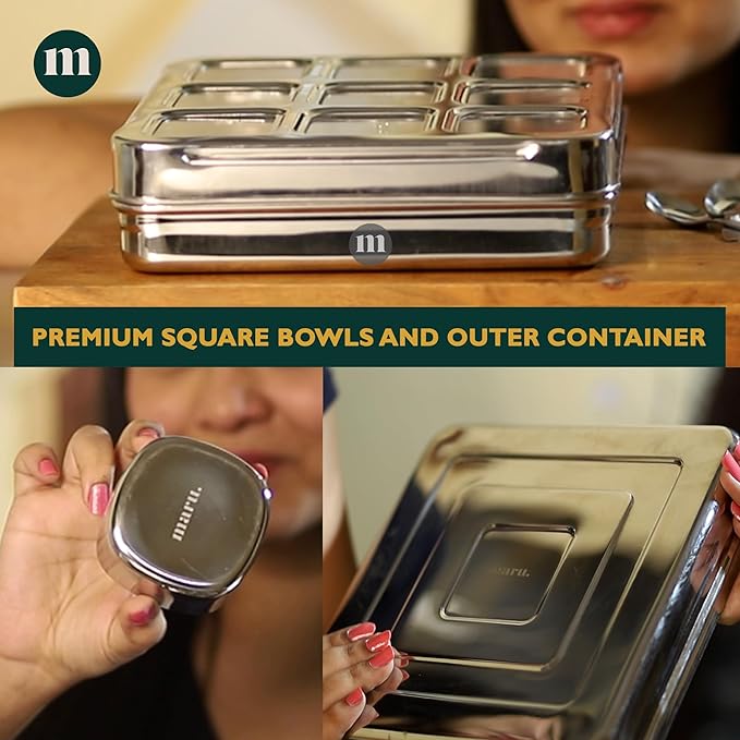 MARU Stainless Steel 9-in-1 Square Masala Dabba – Spice Box with 9 Round Containers, Individual See-Through Lids, and Durable Design for Easy Kitchen Storage (9 IN 1 Without inside lids)