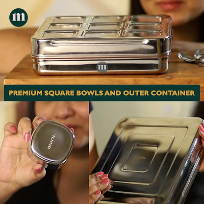 MARU Stainless Steel 9-in-1 Square Masala Dabba – Spice Box with 9 Round Containers, Individual See-Through Lids, and Durable Design for Easy Kitchen Storage (9 IN 1 Without inside lids)