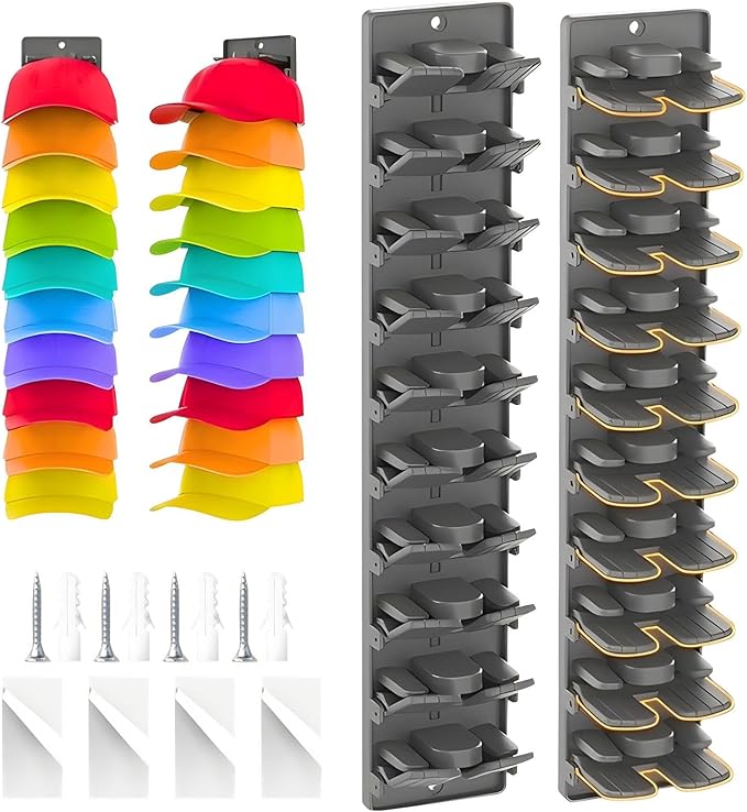Hat Organizer for Baseball Caps 2 Packs with Built-in Spring Clips, Wall Mount Closet Hat Rack Holder for Up to 20 Hats, Storage Display for Door/Closet with Strong Adhesive & Screws (Matte Black)