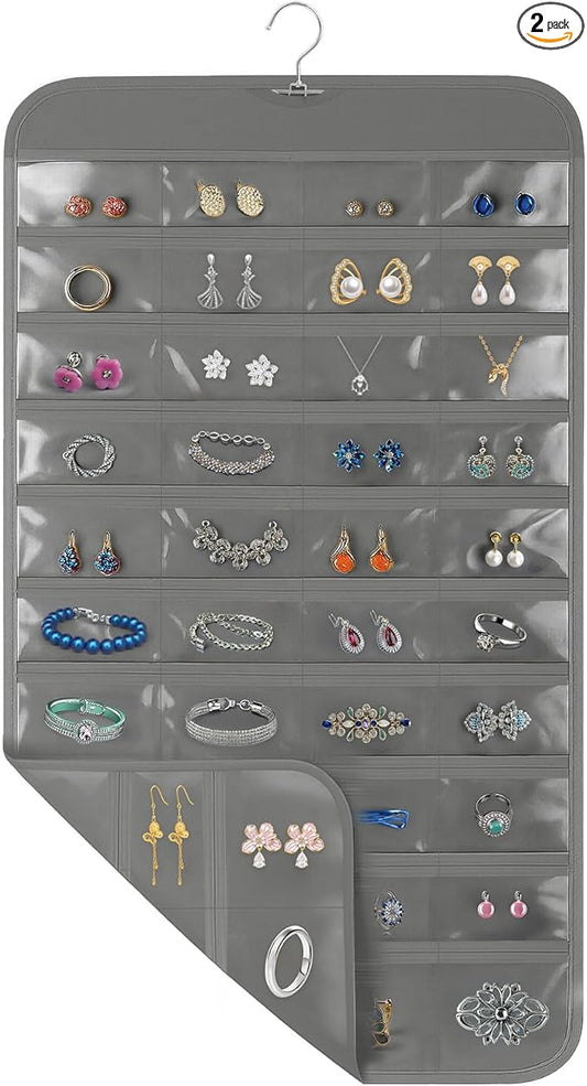 2 Pack Hanging Jewelry Organizer, 80 Clear Pockets earring organizer and storage, Accessories holder organizer for Closet, Jewelries, Necklace, Travel