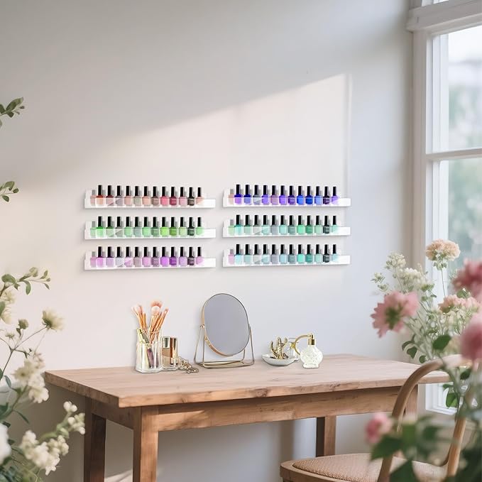 12 Pack Wall Mounted Acrylic Nail Polish Organizer Rack 15 Inch Clear Nail Polish Shelf with Removable Ends Multi-Purpose Shelf for Essential Oils Cosmetics Storage Display