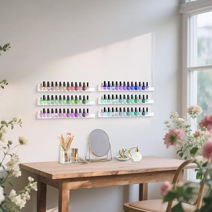 6 Pack Wall Mounted Acrylic Nail Polish Organizer Rack 15 Inch Clear Nail Polish Shelf with Removable Ends Multi-Purpose Shelf for Essential Oils Cosmetics Storage Display for Salon Bathroom