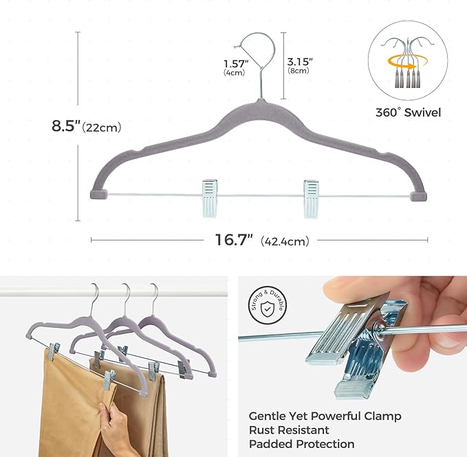 HOUSE DAY Velvet Hangers with Adjustable Clips 30 Pack, Non-Slip Suit Organizer with 360° Hook - Heavy Duty Hanger for Pants, Skirts, Blouses, Dresses - Outfit Hangers All-Season Space Saver (Grey)