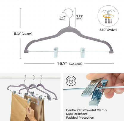 HOUSE DAY Velvet Hangers with Adjustable Clips 30 Pack, Non-Slip Suit Organizer with 360° Hook - Heavy Duty Hanger for Pants, Skirts, Blouses, Dresses - Outfit Hangers All-Season Space Saver (Grey)