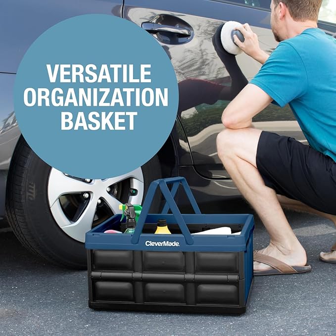 CleverMade Collapsible Shopping Basket 32L – Folding Grocery Basket with Handles, Stackable Reusable Storage Crate with 35 lb Capacity, Recycled Plastic, Car Trunk Organizer - Ocean Blue
