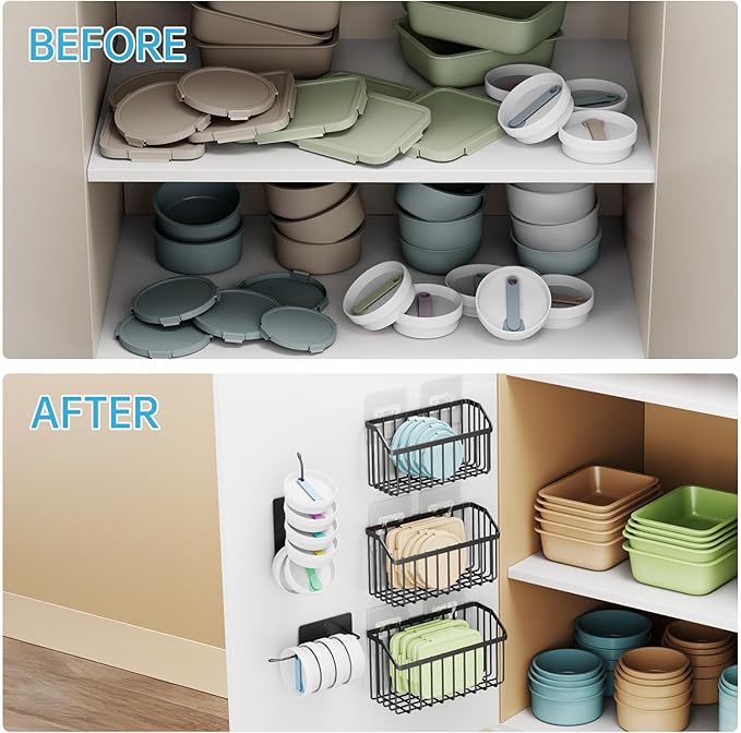 NiHome 5PCS Cabinet Door Lid Organizers Holders for Food Storage Container Lids Tupperware Tumblers Canning Lids, 3 Sizes Rustproof Metal Baskets for Spices, Toiletries, Under Sink or RV Storage