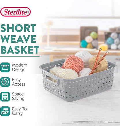 Sterilite Short Plastic Weave Storage Basket, Bin Organization for Countertops, Tabletops and Shelves for Crafts, Jewelry, Gray, 12-Pack