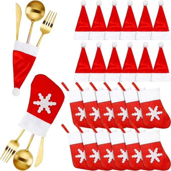 40 Pack Christmas Silverware Holders Mini Santa Hats Christmas Stocking Socks Xmas Party Dinner Table Dinnerware Decorations Non Woven Knife Fork Candy Cutlery Holder Red Wine Bottle Flatware Decor