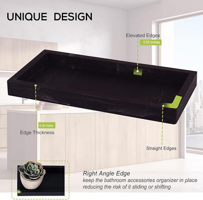 Small Bathroom Vanity Silicone Tray for Counter, Rectangle Dish Soap and Sponge Holder for Kitchen Sink, Perfume Organizer for Dresser, Marble Black