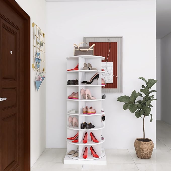 Rotating Shoe Rack Tower, 7-Tier Spinning Shoe Rack, Free Standing 360° Revolving Shoe Organizer Rotating Vertical Shoe Rack Can Hold 28 Pairs of Shoes for Entryway Living Room Hallway
