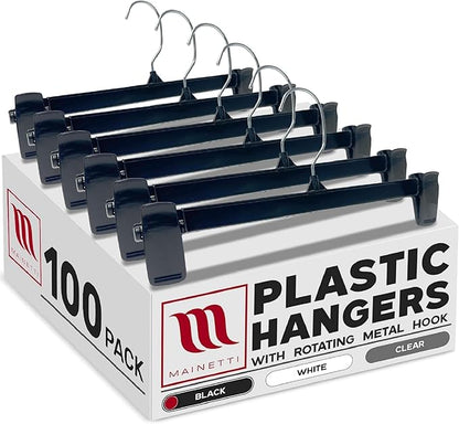 Mainetti Black Plastic Clothes Hangers 100 Pack | 12-Inch Space Saving Hangers with 360 Swivel Metal Hook & Non-Slip Clips | Closet Hangers Ideal for Pants, Skirts, Slacks and Shorts (6012BRSEMN100)